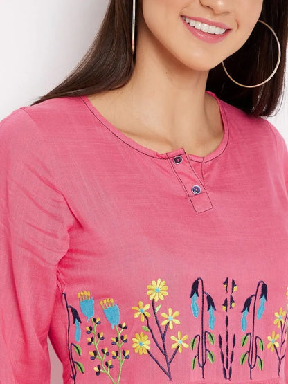 winered-pink-gathered-rayon-embroidered-dress