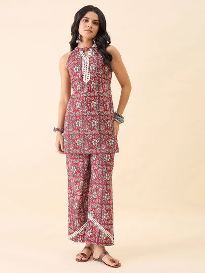 Women's Floral Printed Kurti and Palazzo Set | Sleeveless Ethnic Co-Ord Set