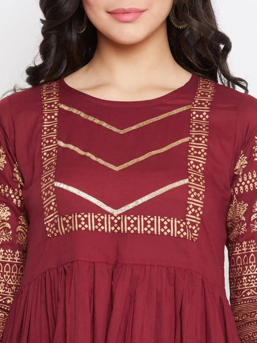 winered-maroon-flared-cotton-floral-print-kurta