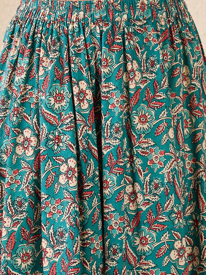 Women Teal Ethnic Printed Cotton Maxi Skirt