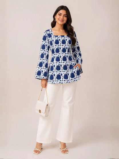 Women's Blue Abstract Print Corset Style Short Kurti with Square Neck, Bell Sleeves and Adjustable Back Tie-Up for Casual Wear