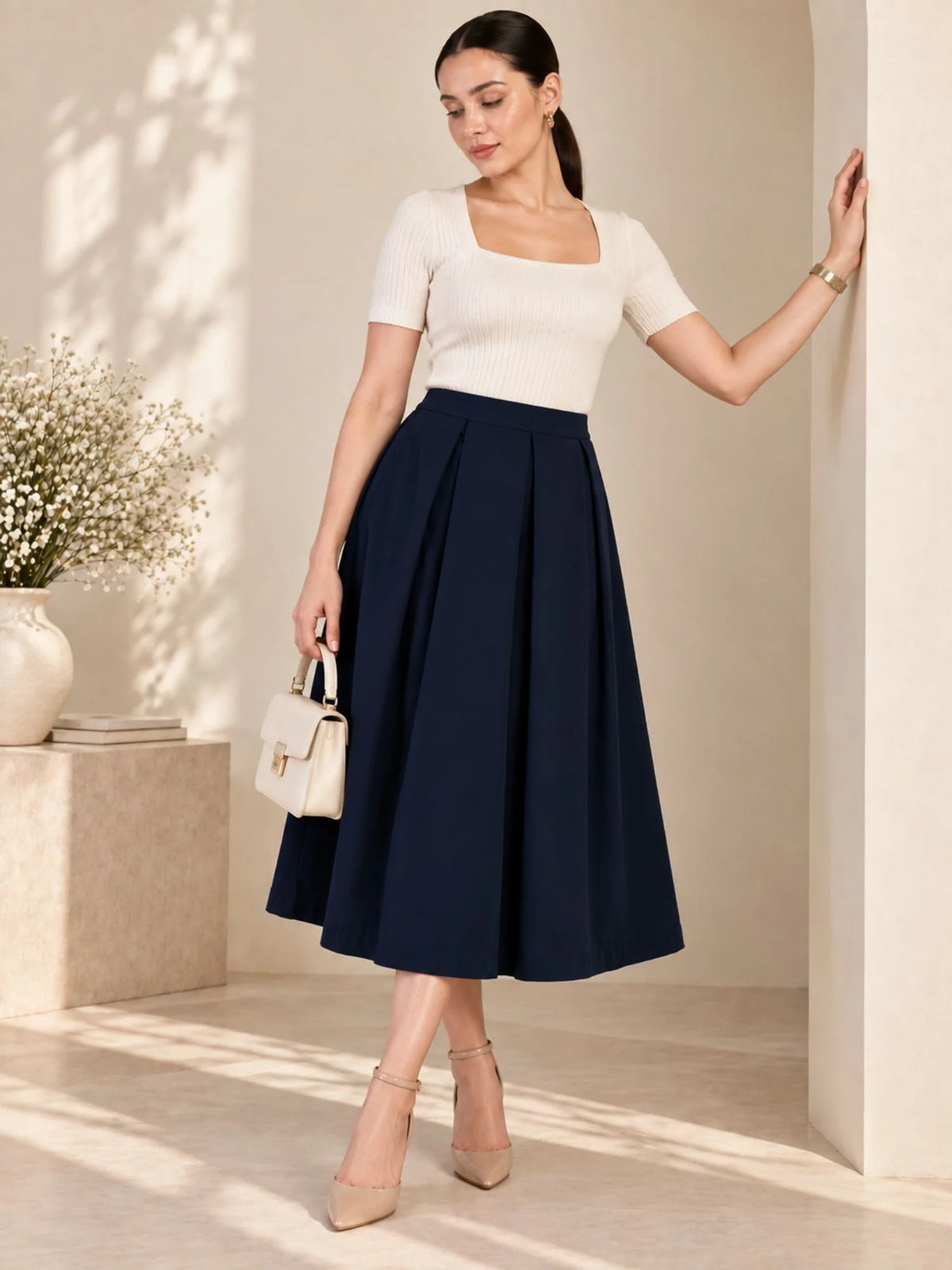 Women Solid Pleated Midi Skirt