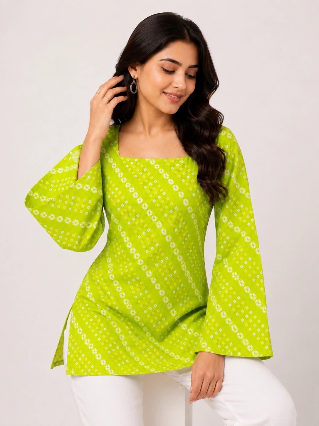 Women's Green Printed Corset Style Short Kurti with Square Neck, Full Bell Sleeves and Adjustable Back Tie-Up for Casual Wear