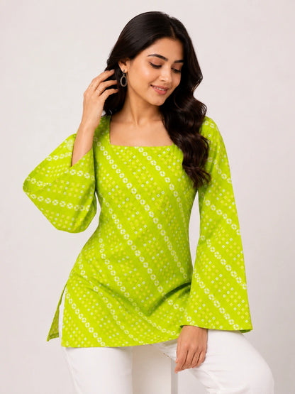 Women's Green Printed Corset Style Short Kurti with Square Neck, Full Bell Sleeves and Adjustable Back Tie-Up for Casual Wear