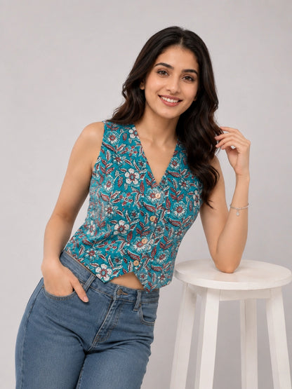 Women's Floral Print Sleeveless V-Neck Button Front Top | Casual Ethnic Crop Top