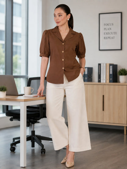 Women's Brown Solid Shirt Collar Puff Sleeve Button Front Regular Fit Casual Office Wear Top for Women