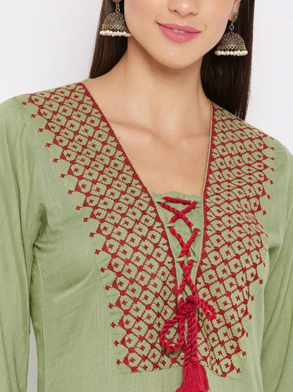 winered-green-a-line-rayon-embroidered-kurta