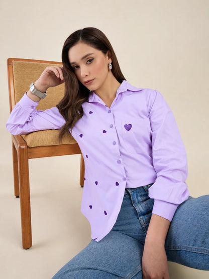 Women Lavender Heart Embroidered Casual Shirt