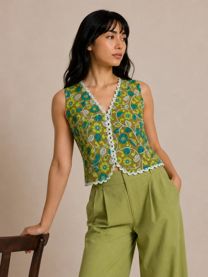 Women's Floral Print Sleeveless V-Neck Waistcoat Top | Buttonless Crop Vest for Women
