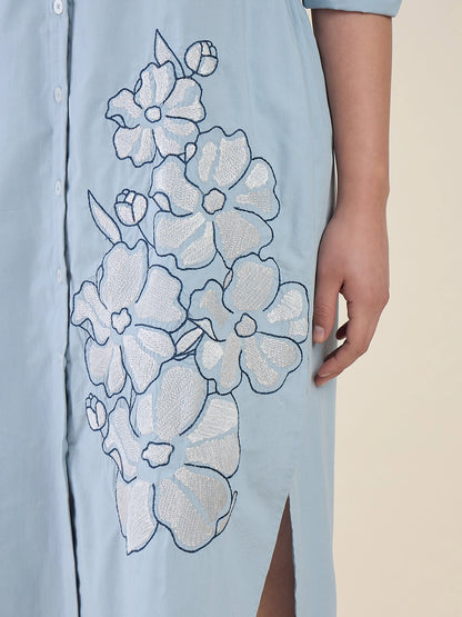 Women Blue Embroidered Button-Down Midi Shirt Dress