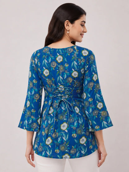 Women's Blue Floral Print Corset Style Short Kurti with V-Neck, Three-Quarter Flared Sleeves and Adjustable Back Tie-Up for Casual Wear