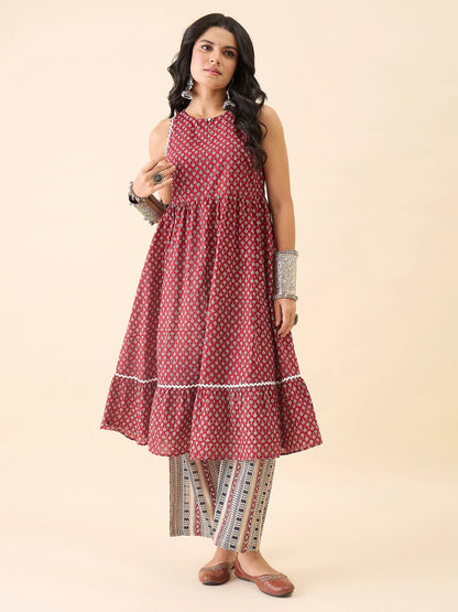 Women's Maroon Printed Sleeveless A-Line Kurta with Palazzo Set
