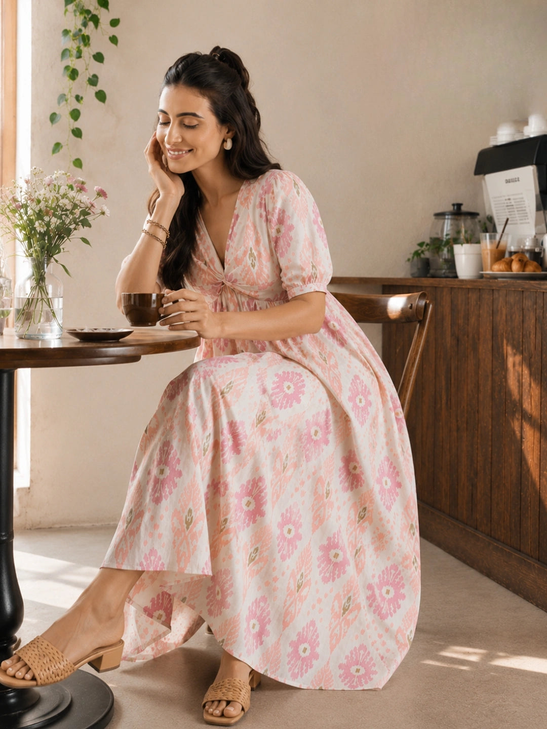 Women Cotton Ikat Printed Knotted Midi Dress