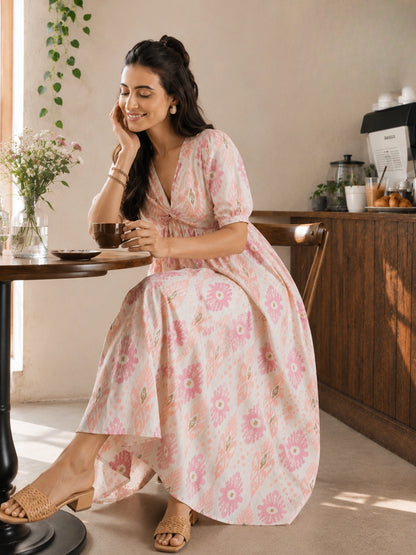 Women Cotton Ikat Printed Knotted Midi Dress