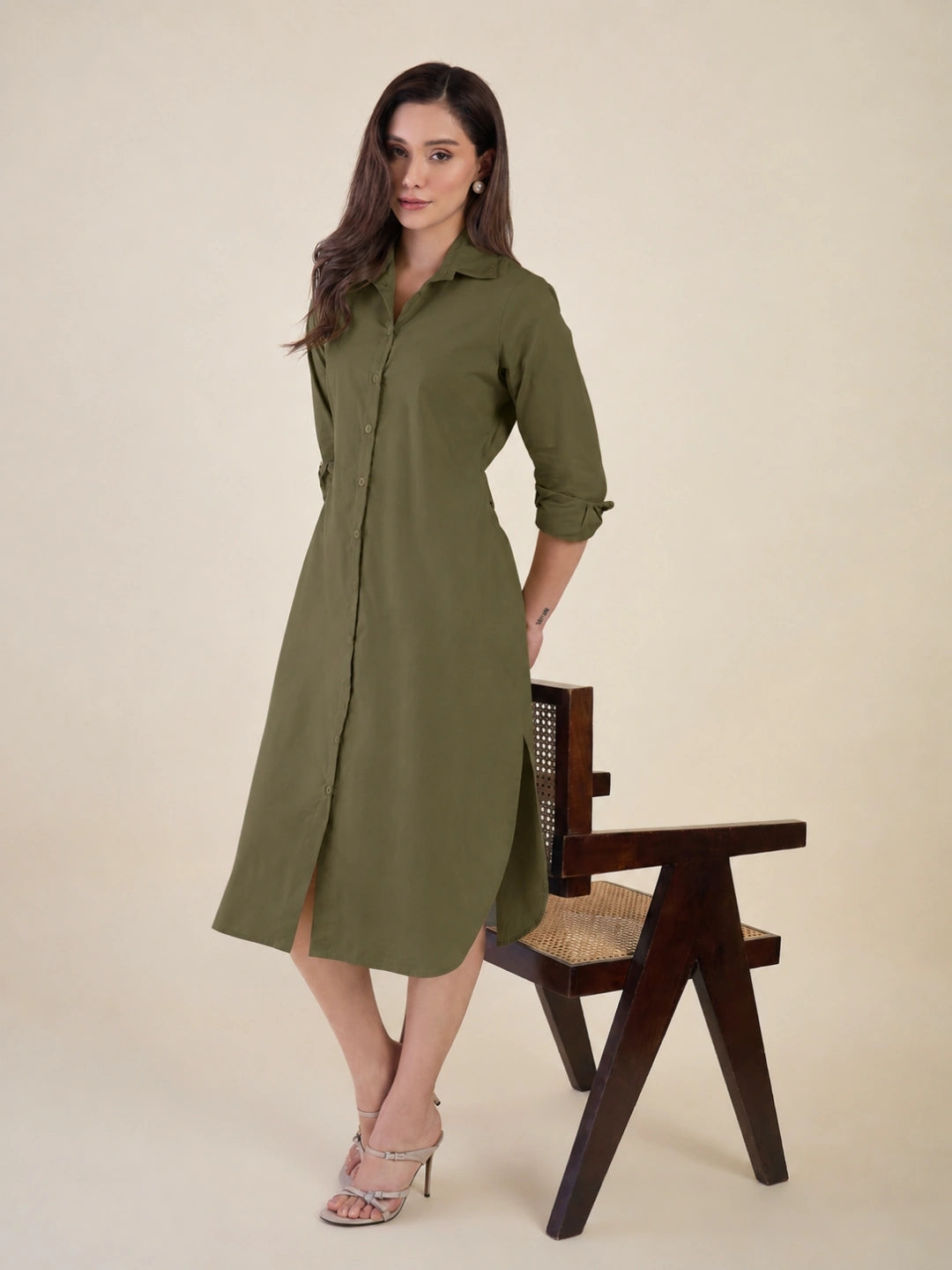 Women Green Side Silt Shirt Dress