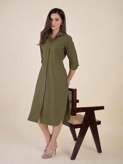 Women Green Side Silt Shirt Dress