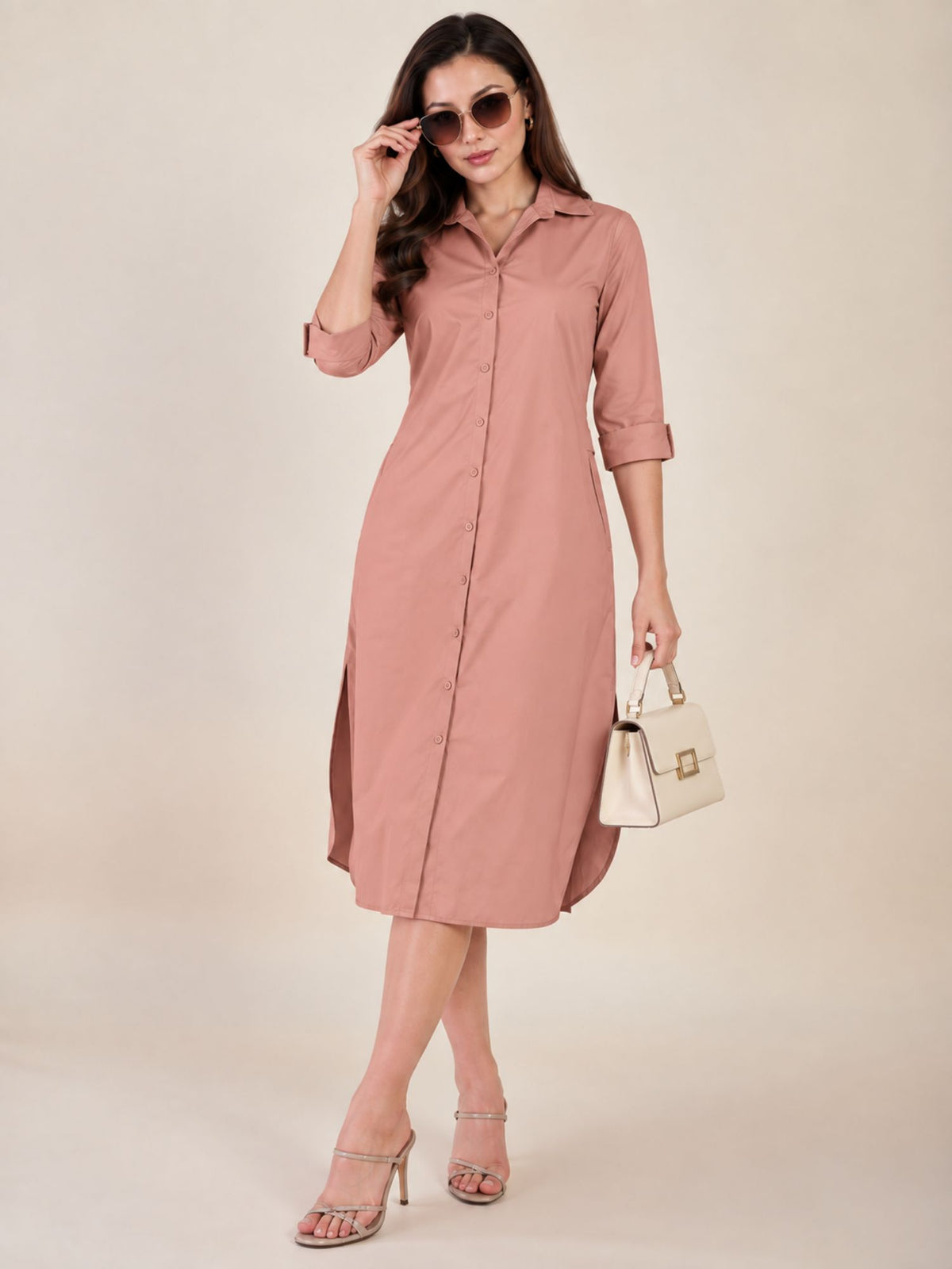 Women's Peach Shirt Dress | Shirt Collared Neck | Button Down Midi Dress with Waist Belt