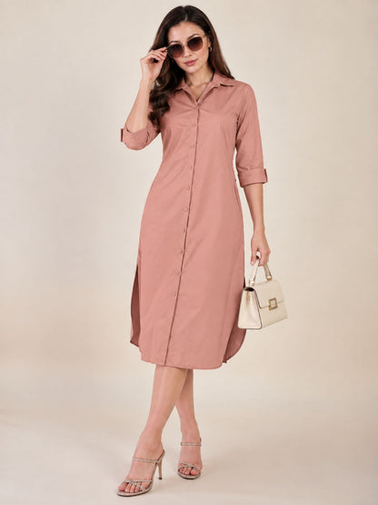 Women's Peach Shirt Dress | Shirt Collared Neck | Button Down Midi Dress with Waist Belt