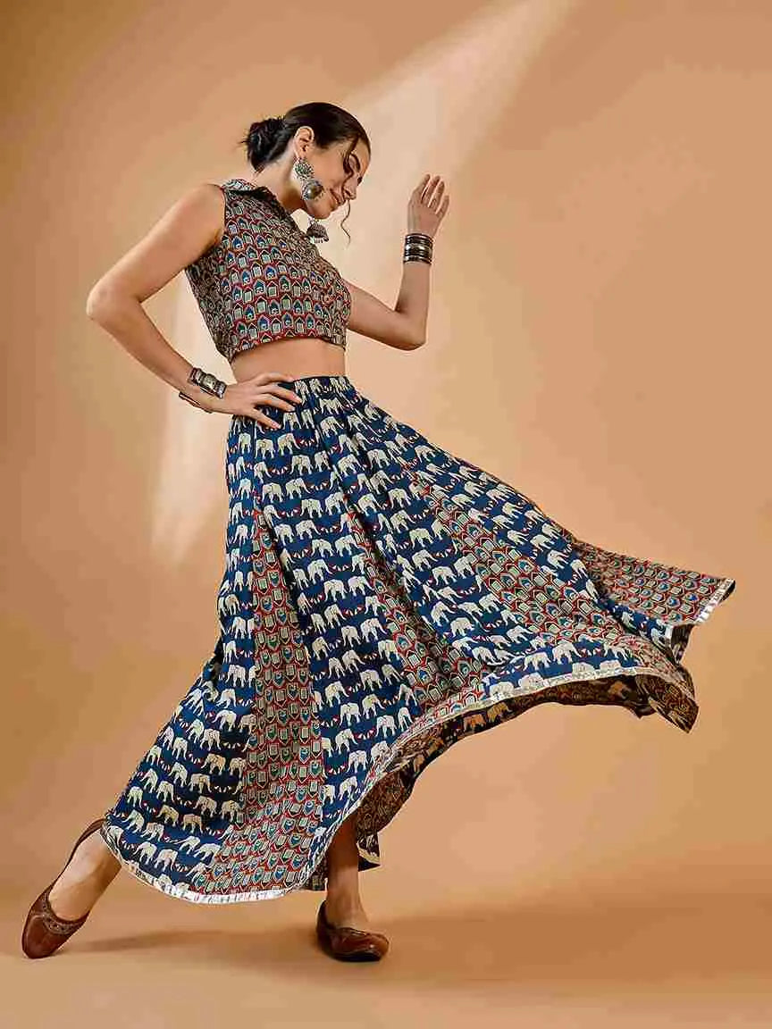 winered-printed-godet-flared-skirt