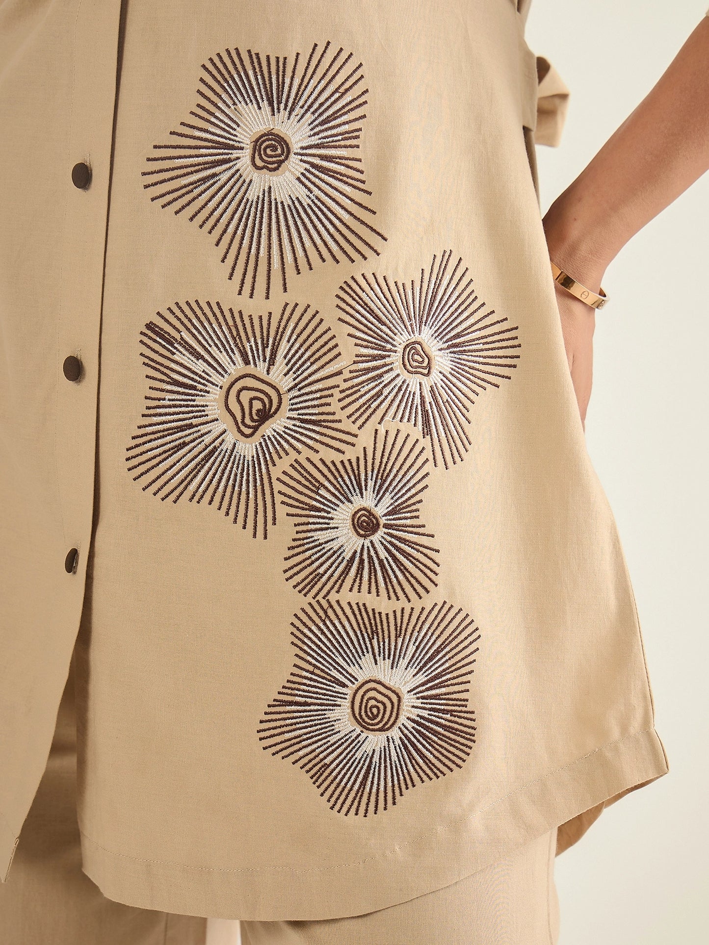 Women Beige Cotton Embroidered Shirt with Pant Co-ord Set