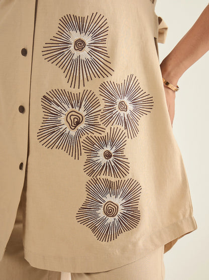 Women Beige Cotton Embroidered Shirt with Pant Co-ord Set
