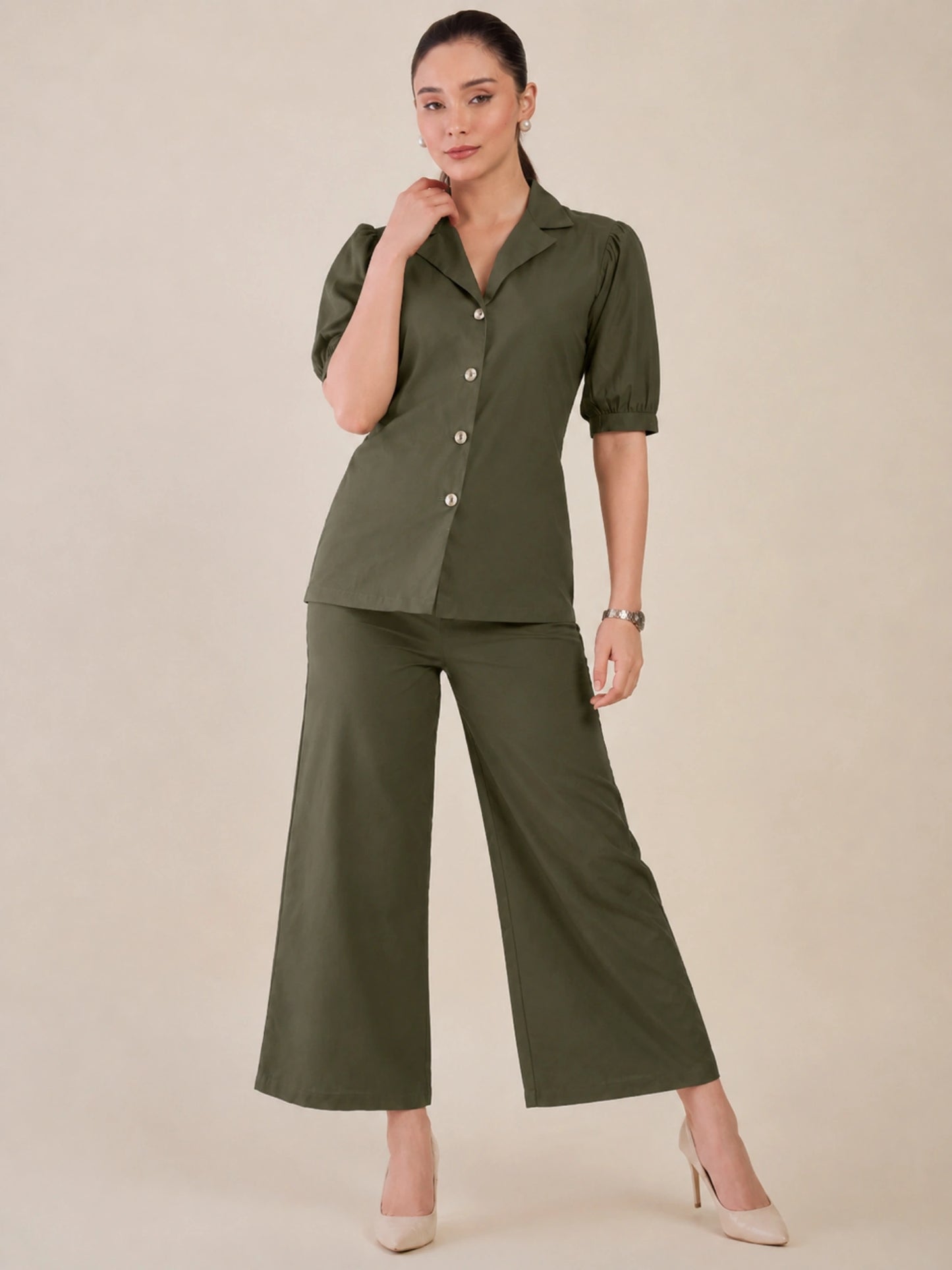 Women Olive Green Puff Sleeves Co-ord Set