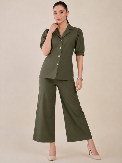 Women Olive Green Puff Sleeves Co-ord Set