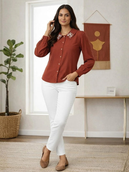 Women Maroon Collared Shirt with Contrast Embriodery