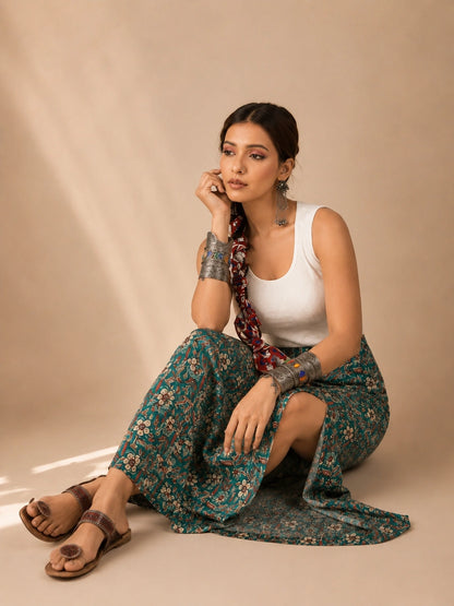 Women's Teal Floral Printed Maxi Skirt