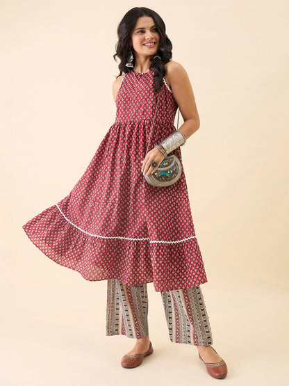 Women's Maroon Printed Sleeveless A-Line Kurta with Palazzo Set