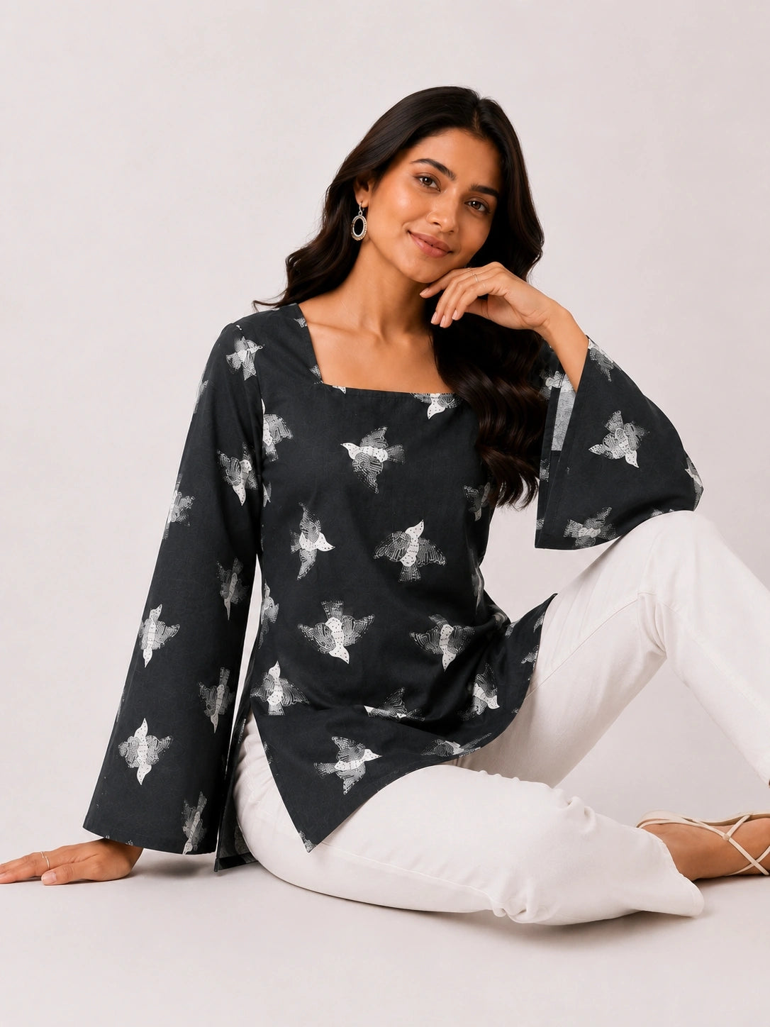 Women's Black Printed Corset Style Short Kurti with Square Neck, Full Bell Sleeves and Adjustable Back Tie-Up for Casual Wear