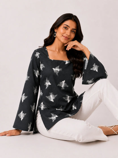 Women's Black Printed Corset Style Short Kurti with Square Neck, Full Bell Sleeves and Adjustable Back Tie-Up for Casual Wear