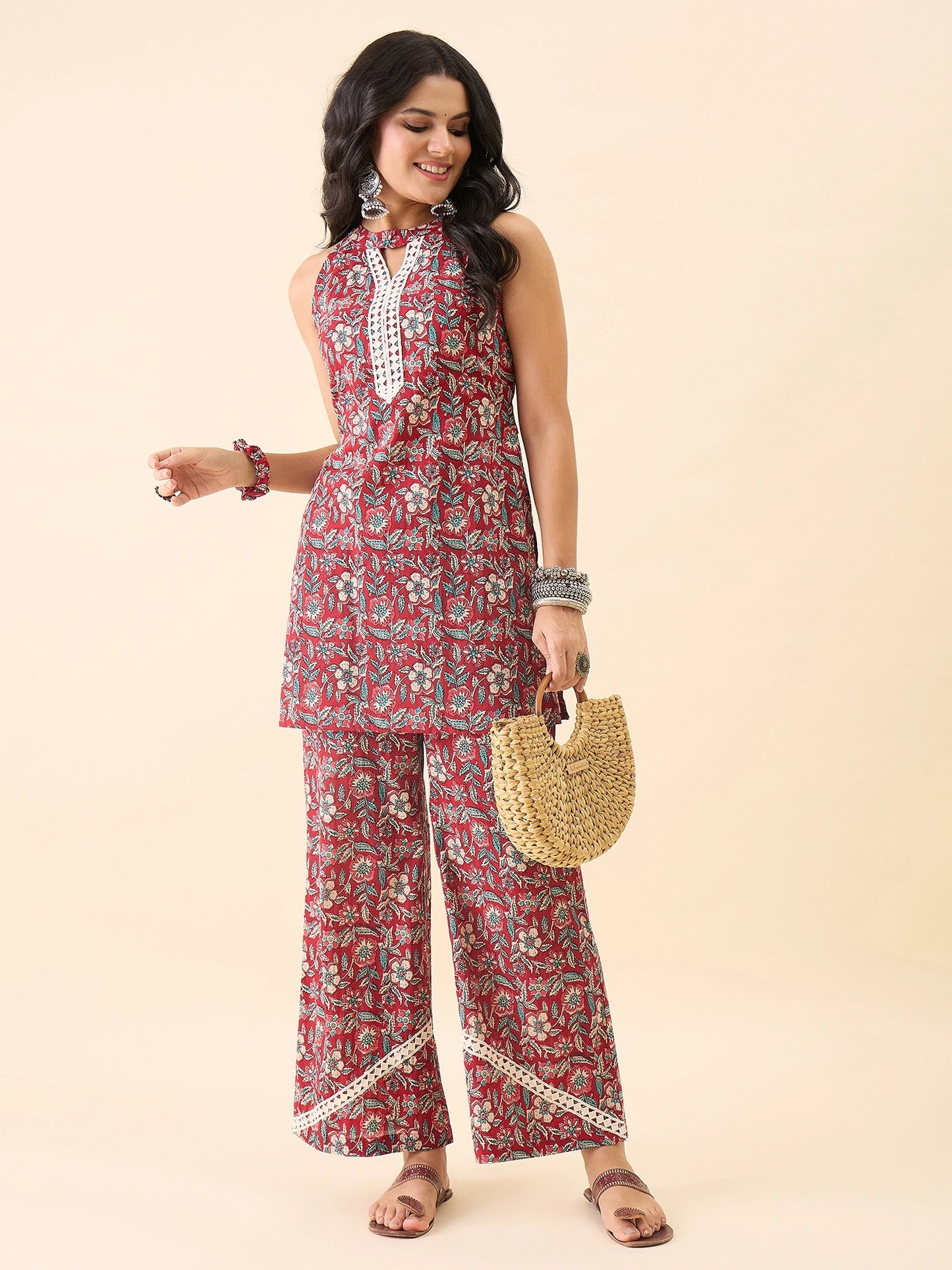 Women's Floral Printed Kurti and Palazzo Set | Sleeveless Ethnic Co-Ord Set