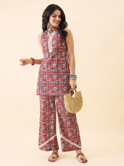 Women's Floral Printed Kurti and Palazzo Set | Sleeveless Ethnic Co-Ord Set