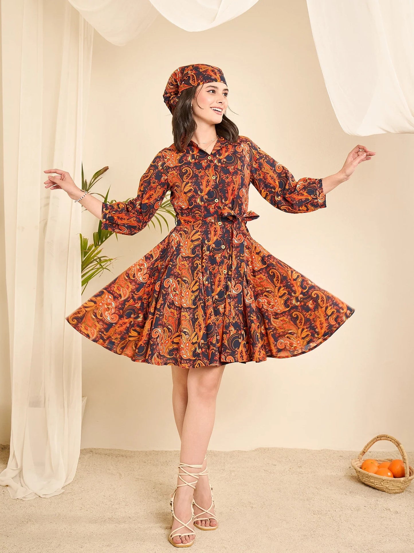 women-navy-blue-cotton-paisely-print-godet-flared-dress