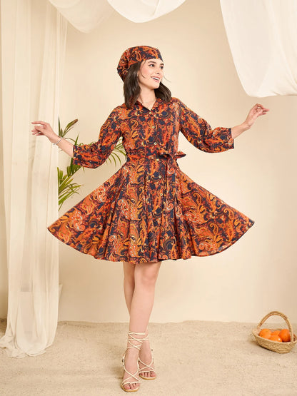 women-navy-blue-cotton-paisely-print-godet-flared-dress