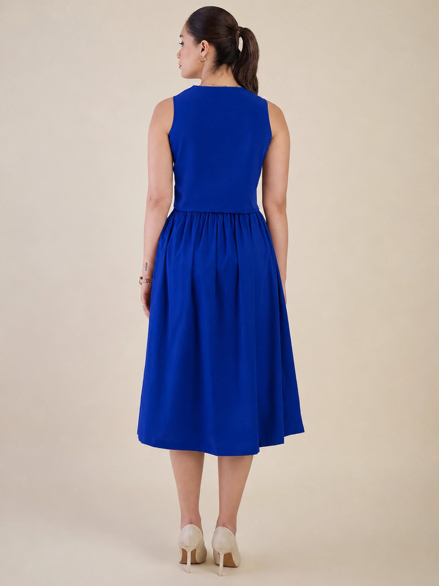 Women Blue Sleeveless Top & Midi Skirt Co-ord Set