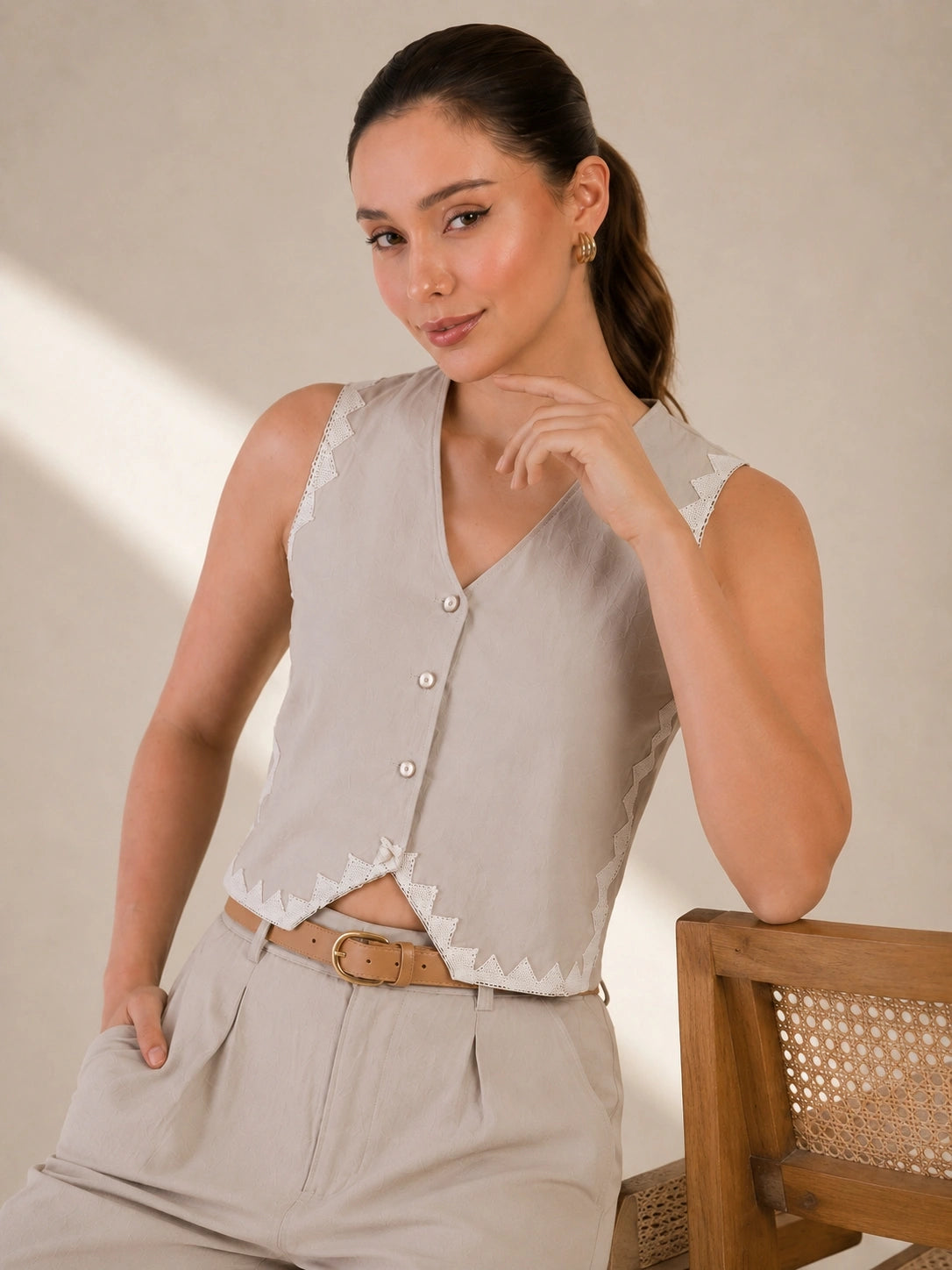 Women Solid Sleeveless V-Neck Lace Detail Waistcoat