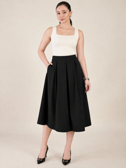 Women Solid Pleated Midi Skirt