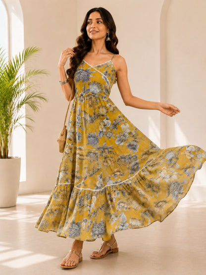 WineRed Women's Floral Printed Shoulder Strap Tiered Maxi Dress | Casual Summer Vacation Wear