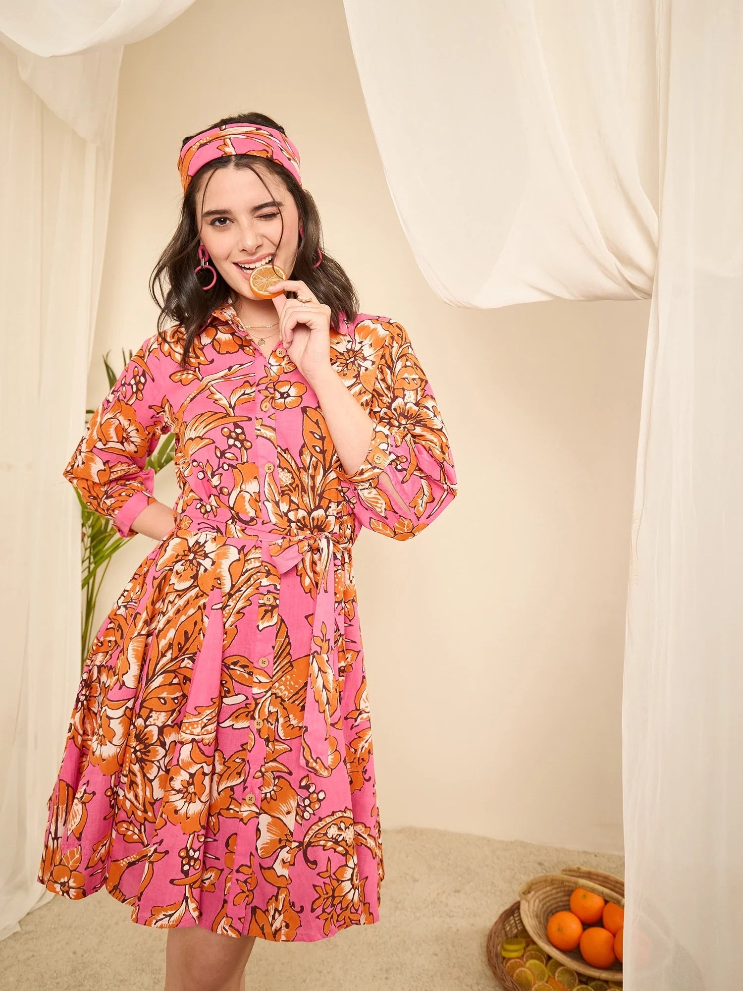 winered-pink-floral-print-godet-flared-dress