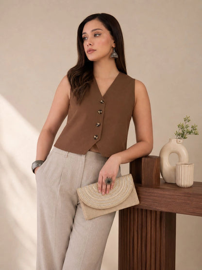 Women Solid Sleeveless V-Neck Waistcoat Top