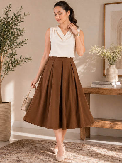 Women Brown Solid Pleated Flared Midi Skirt