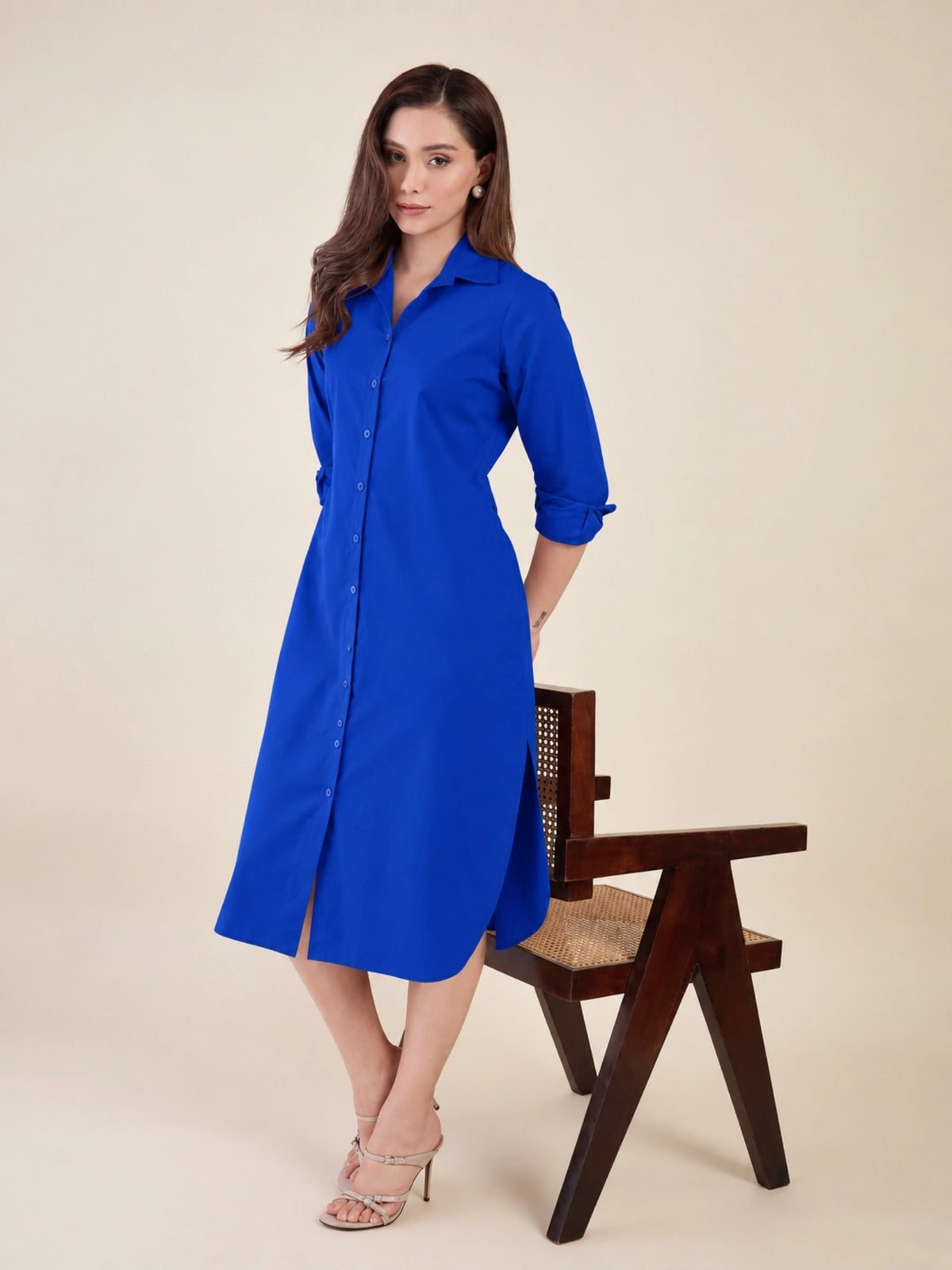 Women's Royal Blue Shirt Dress | Shirt Collared Neck | Button Down Midi Dress with Waist Belt