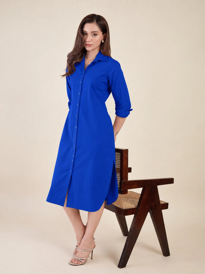 Women's Royal Blue Shirt Dress | Shirt Collared Neck | Button Down Midi Dress with Waist Belt