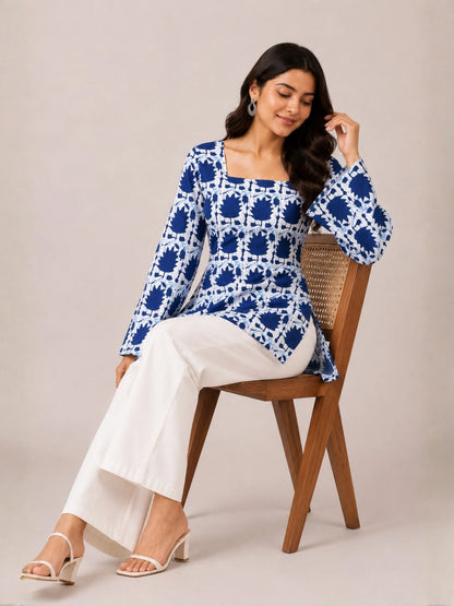 Women's Blue Abstract Print Corset Style Short Kurti with Square Neck, Bell Sleeves and Adjustable Back Tie-Up for Casual Wear
