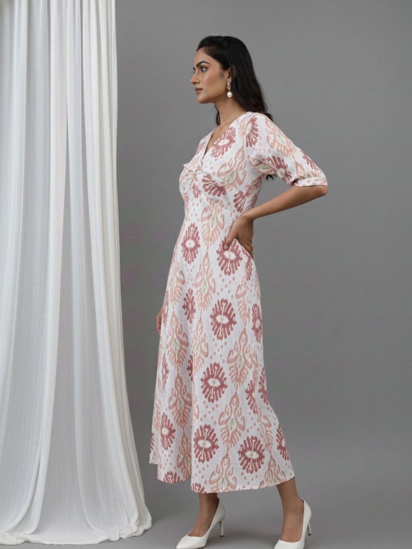 Women Cotton Ikat Printed Knotted Midi Dress