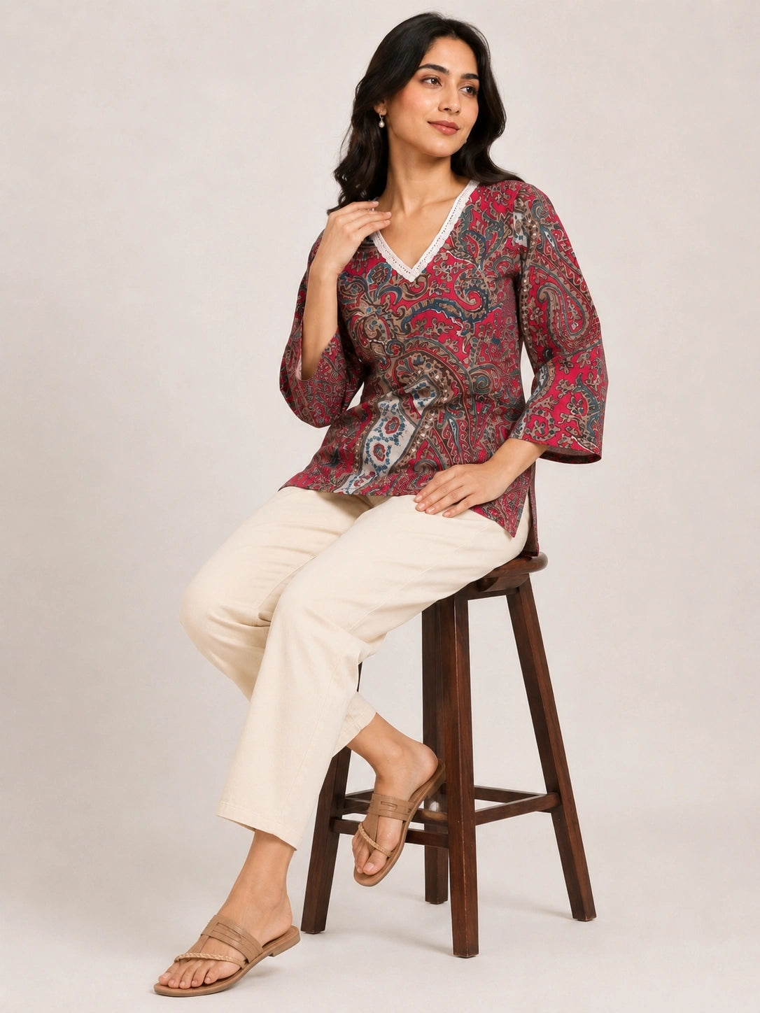 Women's Pink Paisley Print Short Kurti with V-Neck Lace Detail and Three-Quarter Sleeves for Casual Wear