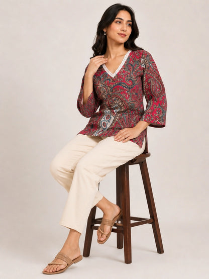 Women's Pink Paisley Print Short Kurti with V-Neck Lace Detail and Three-Quarter Sleeves for Casual Wear