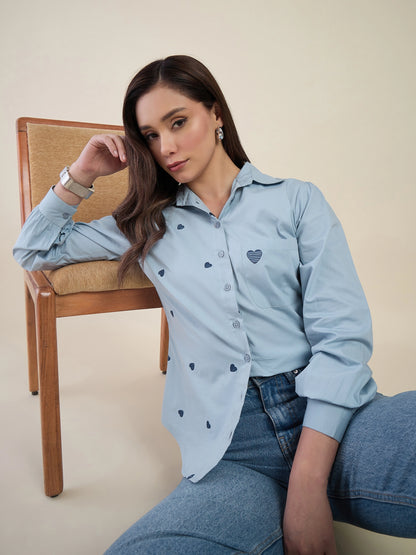 Women Blue Heart Embroidered Casual Shirt